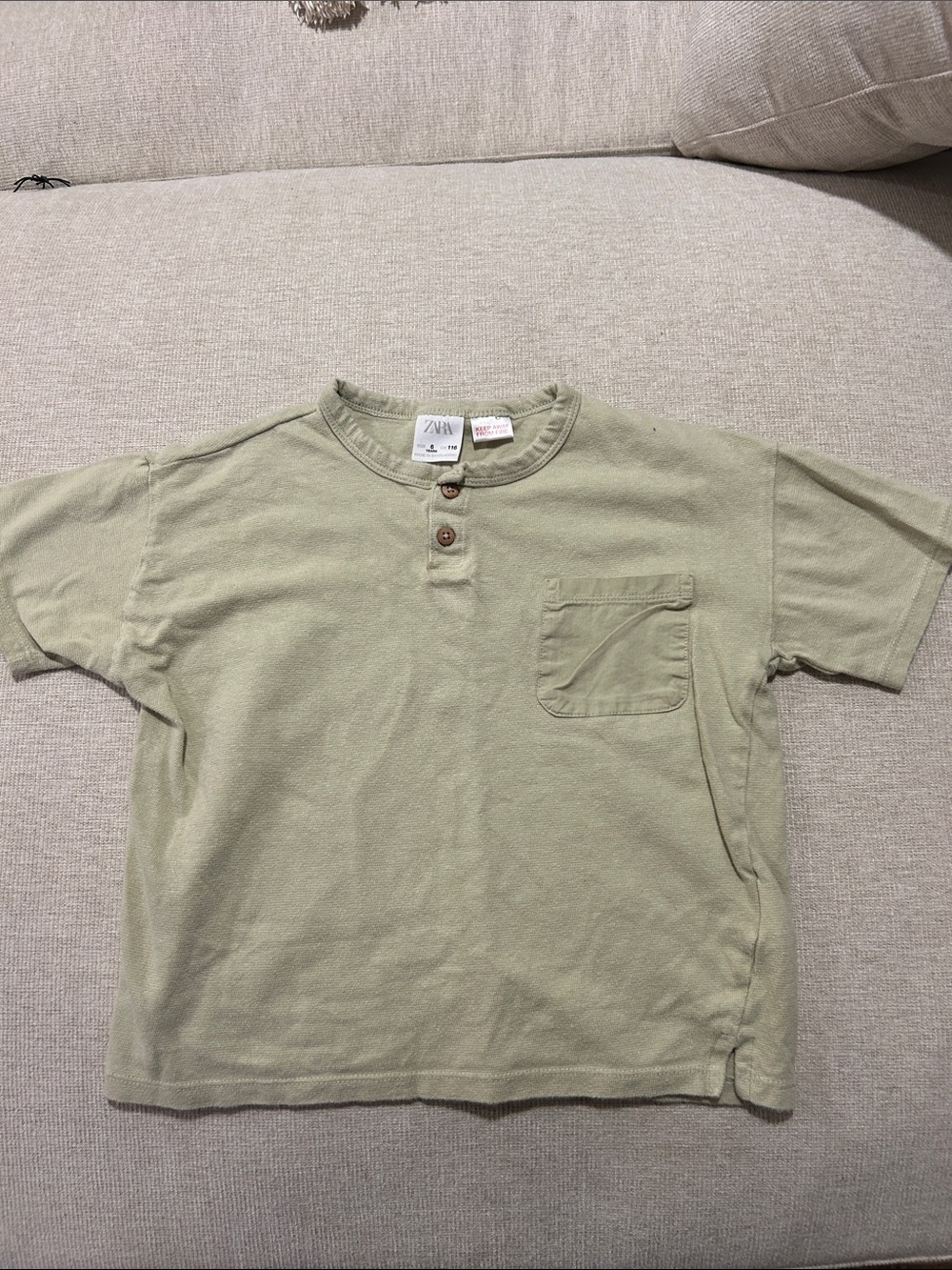 Zara Kids Olive Green Short-Sleeve Henley Pocket Tee
